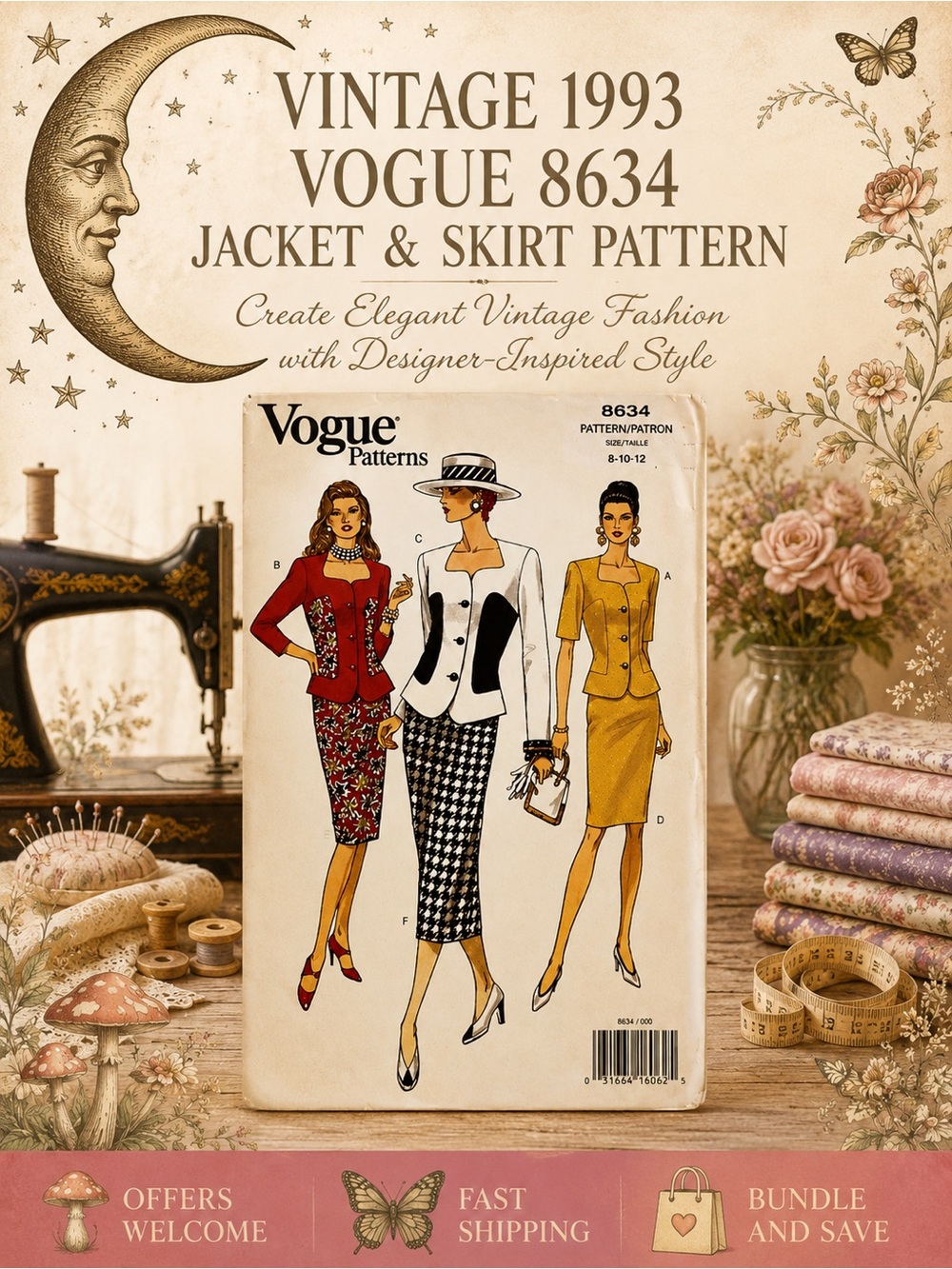 Vintage 1993 Vogue 8634 Uncut Jacket Skirt Sewing Pattern 8-12
